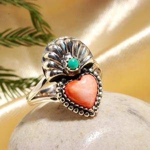 Bague en argent sterling 925 avec pierre précieuse naturelle en forme de cœur lisse en corail rouge naturel, bijoux pour femmes, vente en gros - Product Image 1