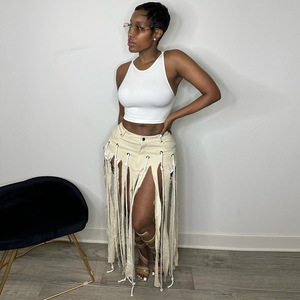Jupes longues en coton pour femmes, prêtes à être expédiées, nouvelle collection été, style déchiré avec franges, jupes blanches de créateur pour femmes 2026 - Product Image 3