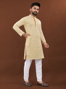 Men's Silk Kurta Collection Heavy Rayon with Lucknowi <b>Work</b> and <b>Mate</b> Sequence Traditional Wear for Parties - Product Image 2