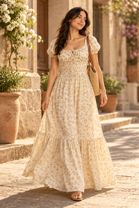 Vestido maxi beige con estampado floral y mangas abullonadas fruncidas para mujer - Product Image 6