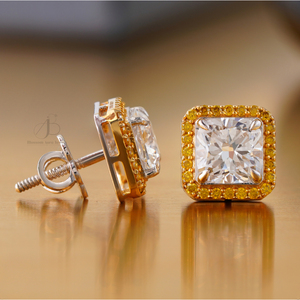 4.17 CT Yellow Cushion Lab Grown Diamond Halo Stud <b>Earrings</b> 14K Two-Tone Gold VVS1 White Rose 18K Rose Gold Screw Pattern - Product Image 2
