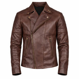 Chaqueta de Cuero Marrón para Hombre, Estilo Motero, Corte Ajustado, Chaqueta de Motocicleta de Cuero Genuino, Chaqueta de Moda para Invierno, Fabricante Personalizado - Product Image 1