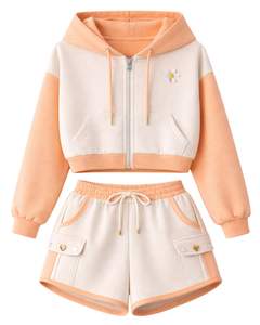 Ensemble décontracté deux pièces pour femme, couleur pêche, avec sweat à capuche court zippé et short cargo imprimé marguerites, en polyester et coton, vente en gros - Product Image 1