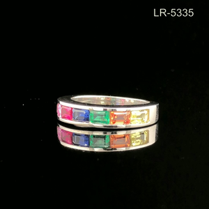 RAHA EXPORT RJ304 925 Sterling <b>Silver</b> Rainbow Gemstone Band <b>Ring</b> <b>Emerald</b> Cut Classic Unisex Everyday Wear Rhodium Plated Trendy - Product Image 4
