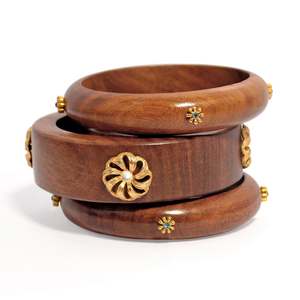 Handcrafted Vintage Sheesham <b>Wood</b> <b>Bangles</b> Gold Floral for Party Jewelry Sisso Saffron Teak Hexagonal Boho Women's - Product Image 1