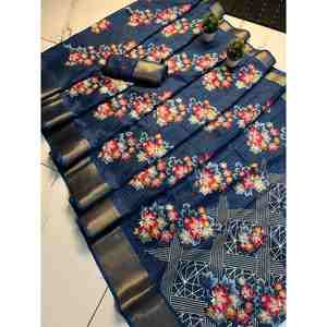 TENDANCE DOLA SOIE TISSANT JARI TRAVAIL JACQUARD BORDER SAREE AVEC CHEMISIER NON COUDU BLEU - Product Image 1