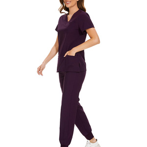 Unisex <b>Scrub</b> Sets Dark <b>Purple</b> V Neck Short Sleeve Medical Uniform Hospital Workwear Cotton Polyester Knitted Woven Pants Set - Product Image 2