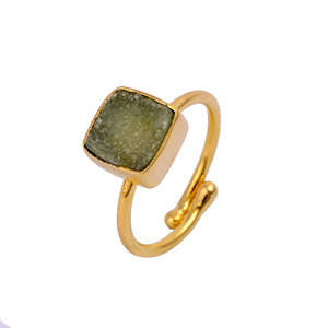 El Joyero Square Green Druzy <b>Adjustable</b> <b>Ring</b> 18K Gold Plated Natural Stone Statement Boho Minimalist Fashion Jewelry for Women - Product Image 2