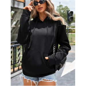 <b>Women</b> Black Hooded Pullover Sweatshirt <b>Long</b> Sleeve Solid Casual Loose Fit <b>Hoodie</b> with Kangaroo Pocket - Product Image 2