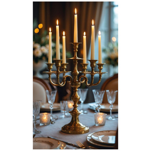 Candélabre sans flamme en fer poli de qualité supérieure à plusieurs bras avec gouttes de cristal suspendues pour centre de table domestique et hôtelier - Product Image 1