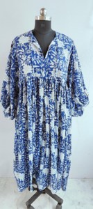 Women's Blue <b>White</b> Floral Handprint Cotton Midi Dress With Tie-Neck And Short Puff Sleeve Boho Summer Dress - Product Image 3