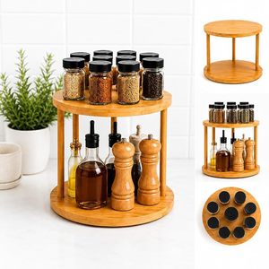 Support à épices rotatif en bois à double niveau avec distributeur d'huile d'olive et de vinaigre en verre, pour cuisine moderne et portable - Product Image 1