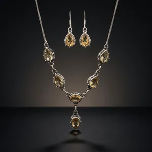 925 Sterling Silver Citrine Jewelry Set Necklace Earrings Teardrop Pendant Golden Gemstones Bezel Setting Women's Everyday Wear - Product Image 5