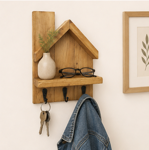 Porta llaves de madera rústico hecho a mano para pared con estante decorativo en forma de casa, organizador de entrada con 3 ganchos metálicos resistentes. - Product Image 6