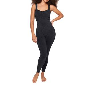 Body de moda con brillo, negro, sin mangas, elástico, cuello redondo, estilo largo, al por mayor, monos de fitness - Product Image 1