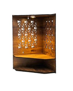 Mandir d'angle mural en bois artisanal avec éclairage LED |   Temple de Puja en Jali découpé au laser, motif feux d'artifice | 43x36x26cm - Product Image 4