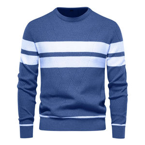 Men's Crew Neck Striped Knitted Pullover Regular Fit Casual Autumn Wear Blue White Color Block Long Sleeve Sweater - Product Image 1