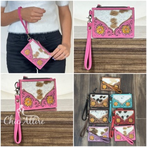 Monedero de cuero genuino de vaca con diseño floral rosa, hecho a mano, con cremallera, para monedas y tarjetas de crédito, para uso diario. - Product Image 1