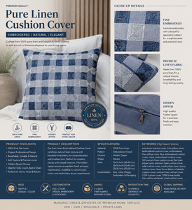 Customize 100% Pure Linen Blue Striped Cushion <b>Cover</b> <b>for</b> Home <b>Sofa</b> Couch Decor Classic Embroidery Pillow Case Manufacturer - Product Image 6