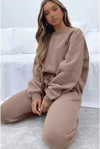 Ensemble survêtement molletonné oversize pour femme, couleur unie, col rond, épaules tombantes, manches longues, tenue d'automne - Product Image 5