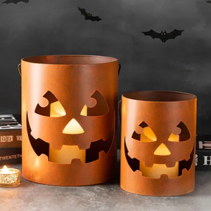 Set of 2 Halloween Metal Jack-O-<b>Lantern</b> Bucket Candle Holder Halloween Decoration Candle <b>Lanterns</b> - Product Image 2
