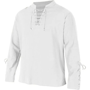 Chemises à manches longues pour hommes, col en V à lacets, style médiéval pirate, streetwear, Halloween, gothique, punk, couleur unie - Product Image 5
