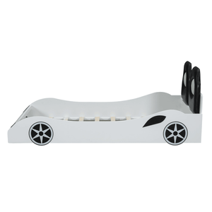 White Twin Size Race Car Shaped Platform Bed for Kids Featuring LED Lights and Upholstered Backrest Wood Construction - Product Image 2