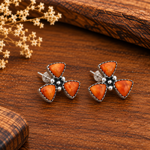 <b>Orange</b> Oyster Turquoise Trillion Shape Stud Post Cluster Earrings Handmade Western Boho Style Gemstone Jewelry <b>Gift</b> for Women - Product Image 1