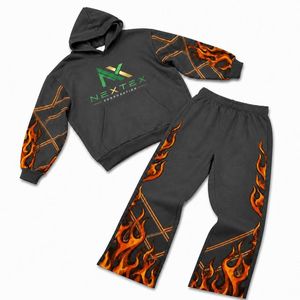 Ensemble sweat à capuche et pantalon de survêtement personnalisé pour homme, imprimé flamme, 2 pièces, tenue streetwear hiver, style hip-hop, survêtement polaire - Product Image 6