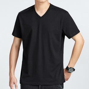 T-shirt pour homme en coton et élasthanne, col en V, manches courtes, logo personnalisé imprimé sur le devant, couleur unie, coupe classique, écologique, respirant, 180g - Product Image 2