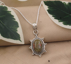 Natural Unakite <b>Pendant</b> 925 Sterling Silver Vintage Bezel Setting Genuine Green Pink Gemstone Necklace for Women <b>Men</b> Wholesale - Product Image 3