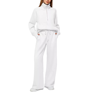 Survêtement femme couleur unie demi-zip, manches longues, coupe ample, pantalon à cordon, tenue décontractée automne, 100% coton, matière respirante - Product Image 3