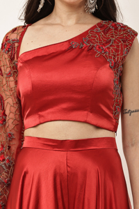 Elegant <b>Red</b> Satin One Shoulder Embroidered <b>Crop</b> <b>top</b> and Sharara Set Evening Dress Solid color Handmade Beads work - Product Image 6