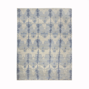 Alfombra de Área de Ikat de Lana y Seda Anudada a Mano, Suave, Azul Cielo y Marfil, Geométrica, Desgastada, Moderna, para Sala de Estar - Product Image 3
