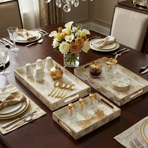 Luxury Wooden Serving Tray <b>Set</b> of 3 with Printed Enamel Finish| Decorative <b>Nesting</b> Trays for Dining <b>Coffee</b> <b>Table</b> Home Decor Gift - Product Image 4