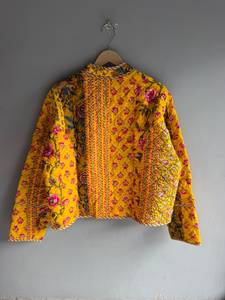 <b>Quilted</b> YELLOW GIFT FOR HER Cotton <b>Jacket</b> Women Floral <b>Pattern</b> Mandarin Collar Full Sleeve Autumn Regular Length Patch Pocket - Product Image 6