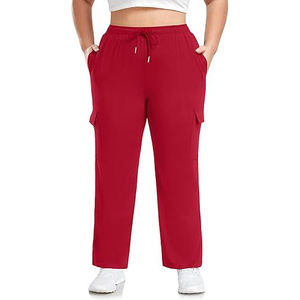 Women's <b>Red</b> Knitted <b>Cargo</b> Pants With Drawstring Waist Pockets Casual Loose Fit Full Length Autumn Wear - Product Image 5