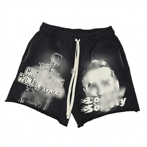 Pantalones Cortos de Algodón Negros para Hombre con Estampado de Calavera, Cordón Ajustable, Pantalones Cortos Casuales, Premium - Product Image 1