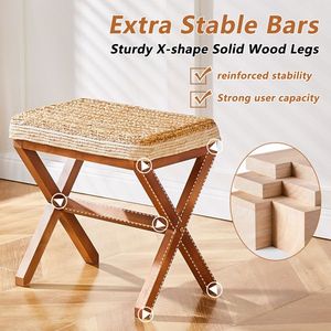 Natural Seagrass Ottoman Footstool with <b>Wooden</b> Legs Rectangular Hand-Weaved Footrest Pouf for Living Room <b>Bench</b> - Product Image 4