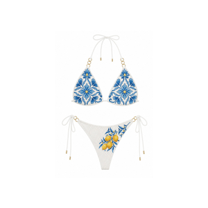 Bikini con Estampado Azul y Parte Inferior con Cuentas Blancas en Forma de Limón, Tela de Algodón/Spandex, Traje de Baño de Dos Piezas de Alta Calidad para Mujer - Product Image 1