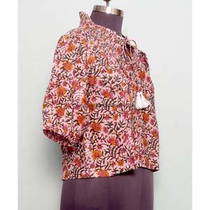 เสื้อสไตล์อินเดียวินเทจสำหรับฤดูร้อน ผ้าฝ้าย 100% พิมพ์ลายดอกไม้ดิจิทัล คอกลม แขนพอง เป็นมิตรกับสิ่งแวดล้อม ระบายอากาศได้ดี เสื้อครอปสำหรับผู้หญิง - Product Image 4