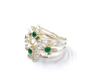 Anillo de banda ancha de varias filas de moda con ónix verde, plata 925, diseño floral de triple capa, joyería fina llamativa - Product Image 2