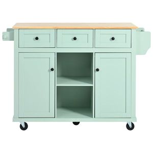 Carrello da Cucina a 5 Ruote con Piano Ribaltabile in Legno di Gomma, Struttura in Acciaio e Metallo, Ripiani Interni e Anta Armadietto - Product Image 2