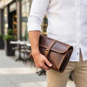 Handmade Leather Toiletry Bag Men Travel Dopp Kit Cosmetic Organizer Waterproof <b>Case</b> Bag LTB-0114 - Product Image 2