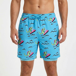 Shorts de bain 2-en-1 premium pour hommes avec ligne de compression, motif dinosaure amusant, logo personnalisé, vêtements de plage - Product Image 2