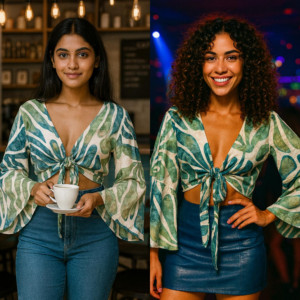 Top Corto de Verano con Estampado Floral Bohemio, Tejido Transpirable, con Mangas Campana y Lazos, para Fiestas - Product Image 2