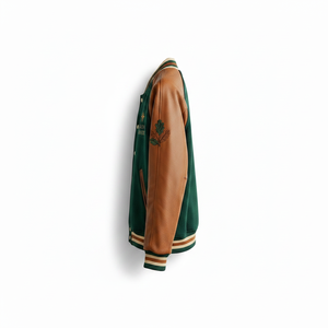 Chaqueta Varsity de Piel Sintética Verde para Hombre Harmony & Wander, Diseño Bordado de Luna y Montaña, Ropa Casual de Otoño - Product Image 2