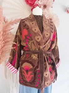 Brown Floral Embroidery Velvet Kimono <b>Cardigan</b> Long Sleeve Loose Fit Wrap Tie Midi Length Autumn Casual Wear Beautiful Elegant - Product Image 3