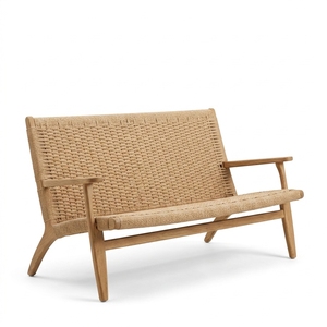 Banc d'appoint deux places en rotin tressé et bois massif, structure en teck naturel, canapé moderne pour salon - Product Image 2