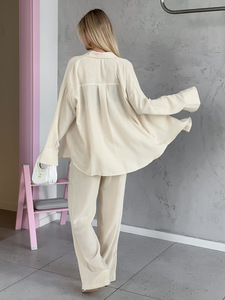 Wholesale 2026 Spring <b>Summer</b> Women 2 Piece Set Long Sleeve Shirt and Straight <b>Pants</b> Casual Relaxed Fit Private Label - Product Image 5